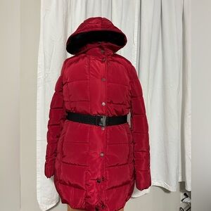 Guess Women's Red Quilted Hooded Puffer with Logo Belt